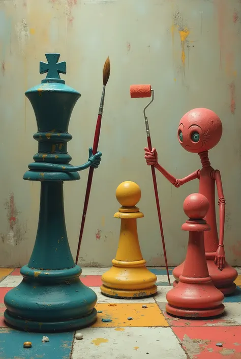 Chess pieces hold a paint brush and paint roller