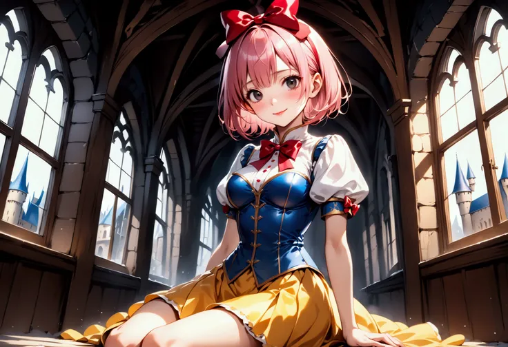 ((cowboy shot)), (in heat), (((evil smile))), (((Picture book illustrations))), Fantasy World, (Medieval European), (Characters are on the edge), ((spring)), ((snow white cosplay, snow white (disney) (cosplay), cosplay, dress, hair bow, puff and slash slee...