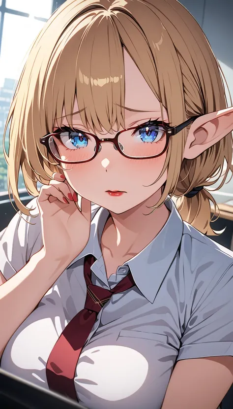 (( Masterpiece)),  top quality,  SUPER DETAILS,  high resolution,  extremely detailed CG integrated 8K wallpaper, HQ_HDR, (angle), (((wear glasses))), (Slutty female teacher elf with big breasts), blonde green, wavy ponytail ,  beautiful face in high defin...