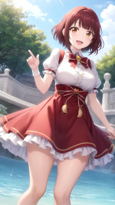 Masterpieces, Best Quality, girl, looking at viewer, Miyabi Itou, short hair, Brown hair, Brown Eyes, large breasts, princess connect Re:Dive cosplay, princess Dress, standing, smile, open mouth, outdoors 