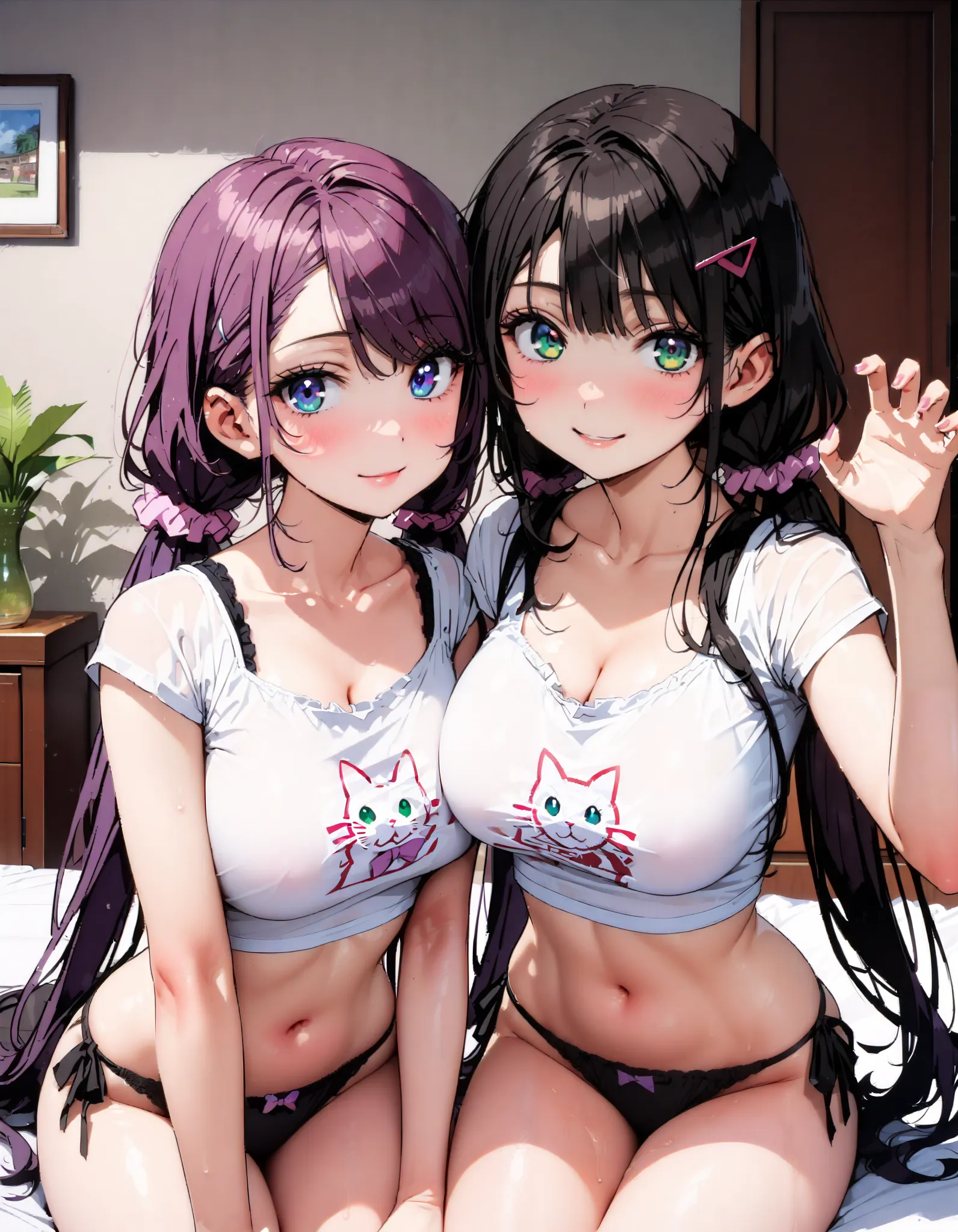 Nozomi Tojo, Kitojo ,  Green Eyes,  purple hair, Big Breasts, twin tails, low  twin tails, scrunchie ,  long hair, smile,Cat underwear, Cat Clippings,  cat ear panties ,  well-frilled ,  side tie panties ,   cleavage cutout, bell, neck nell , belly button,...