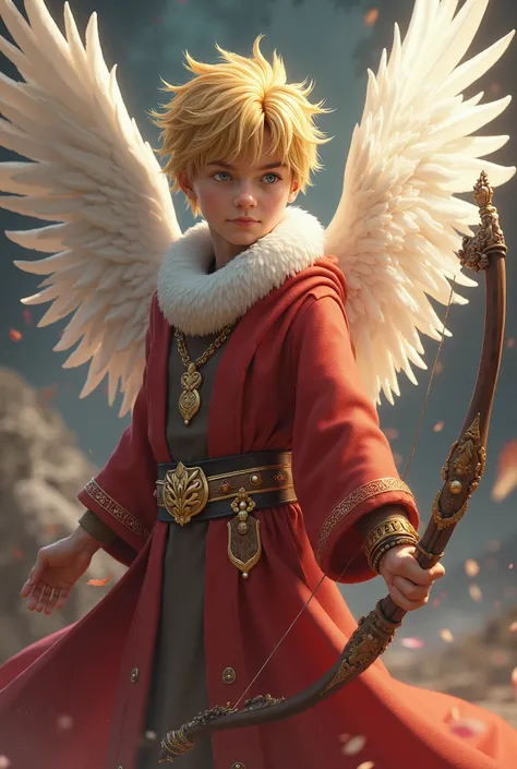 pit( Super Smash Bros.)+++、
1boy ,Fly++、 white feathers on his back 、golden leaf hair ornament、Superman pose、 Hair、 muffler 、red arabian robe、Bow in one hand、gold bracelet on the other