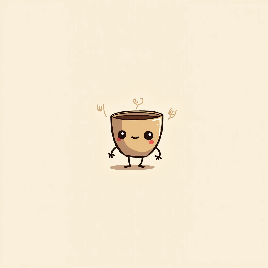 A cute and simple character with arms and legs sprouting from coffee