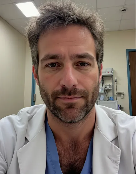 masterpiece, best quality, high resolution, portrait, male focus, solo focus, A man, 35 years old, with doctor uniform, doctor suit, medicine doctor, very detailed realistic skin texture, slightly grey hair, messy hairstyle, cute and seductive face, bare ...