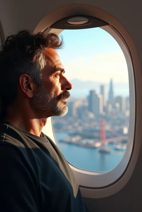 a 45 year old man with short slightly curly brown hair mustache and short goatee peppered white on a airplane flying looking out the window at San Francisco