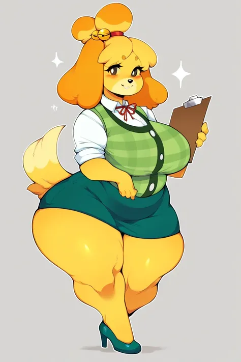 score_9, score_8_up, score_7_up, by cherrikissu, isabelle, animal crossing, 1girl, furry, furry female, solo, dog girl, green vest, animal ears, tail, breasts, skirt, thick thighs, wide hips, shirt, clipboard, topknot, white shirt, dog ears, body fur, vest...