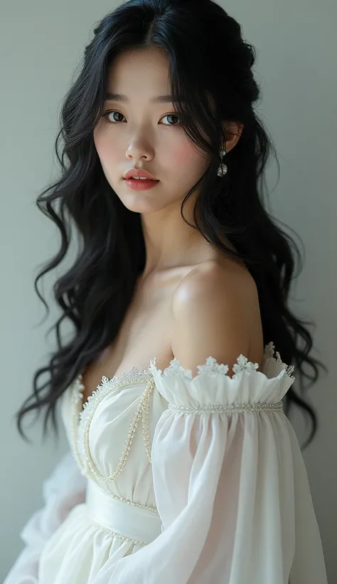 Hyperrealistic image of a princess with black hair and white dress. Let the princess look from the waist up