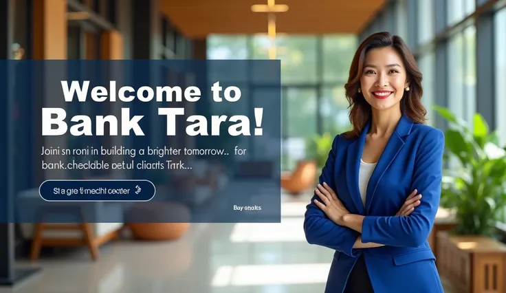 Banner Concept: "Welcome to Bank Tara!" Featuring a Stylish Career Woman

Visual Elements:

Background:

A bright and inviting backdrop showcasing the bank's modern interior, with large glass windows allowing natural light to flood the space. The interior ...