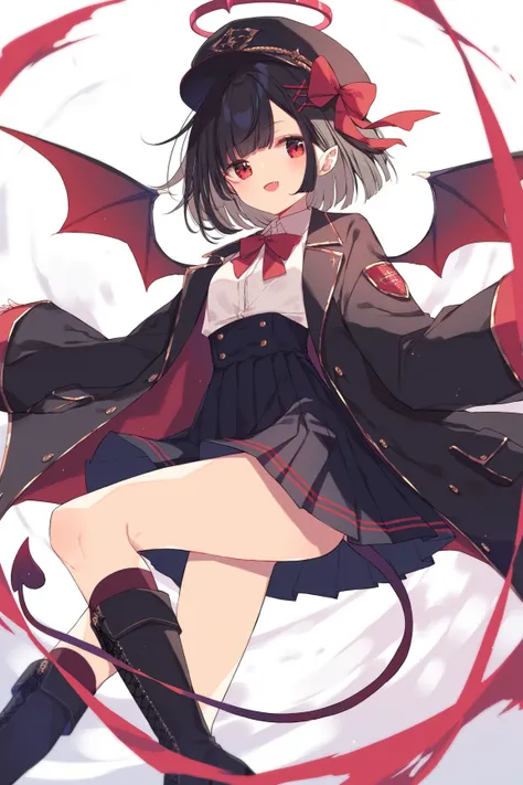 ,hair ribbon, black ribbon, military hat, hat bow, demon wings, demon tail, halo, white shirt, neck ribbon, red ribbon, black coat, open coat, sleeves past wrists, pleated dress, black dress, boots, black hair,Young girl,Petite, short hair,Little Devil Win...