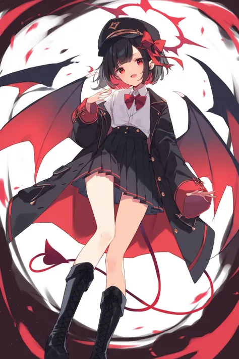 ,hair ribbon, black ribbon, military hat, hat bow, demon wings, demon tail, halo, white shirt, neck ribbon, red ribbon, black coat, open coat, sleeves past wrists, pleated dress, black dress, boots, black hair,Young girl,Petite, short hair,Little Devil Win...