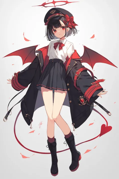 ,hair ribbon, black ribbon, military hat, hat bow, demon wings, demon tail, halo, white shirt, neck ribbon, red ribbon, black coat, open coat, sleeves past wrists, pleated dress, black dress, boots, black hair,Young girl,Petite, short hair,Little Devil Win...