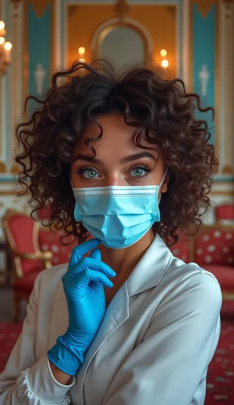 A curly-haired woman wearing a blue medical mask and gloves is posing for a photo.

The background is a beautifully decorated interior.

She has striking, bright blue eyes in an illustrative style.