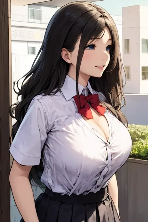  Long Grey Hair ， Good facial features ，huge，Smile，look着相机，chest circumference150厘米， Breasts take up half of the screen ，The upper body is a white school uniform ，red skirt，waist long hair，waist long hair， clothes tied around the waist，contour，look up，Grap...