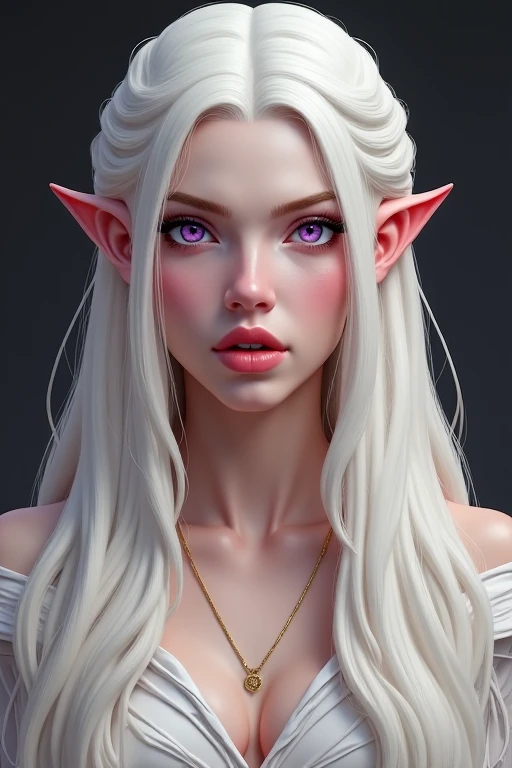 Create A portrait of a regal Valyrian woman, with flowing white-blonde hair cascading down her shoulders, piercing amethyst eyes, flawless pale skin, and delicate, sharp facial features, pointed ears, Open mouth, Fangs, Simple background, Looking at viewer...