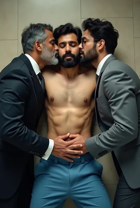 Top view. One young indian muscular man shirtless in blue pant , huge bulge, lying on floor and a matured middle-aged muscular man with slightly grey beard in back suit, black spectacles is lying on the left side of the young man and a man in grey suit is ...