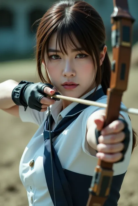 Sexy beautiful Japanese woman, a self defense officer uniform, wearing a white short-sleeved shirts, navy blue tie, navy blue pencil skirt, Black patent high heels, beautiful hip-line, Beautiful thighs, wearing Black archery gloves on her right hand, Her p...