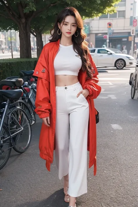 highest quality、4K、Perfect Face、Perfect Style、Sunburn、long curly layer hair, beautiful、stylish appeal、Mature、Swept-back hair、beautiful abs, jacket,full body,Tshirts,widepants,gorgeous lady, park