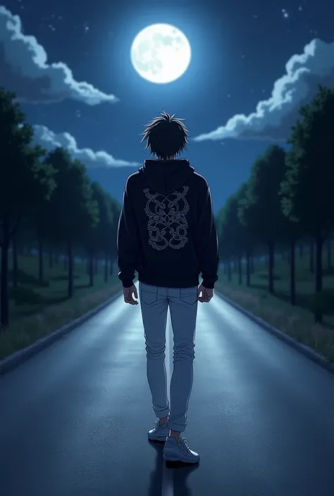 I want a picture of an anime man with bright and black hair wearing a black hoodie with beautiful details, wearing white shoes and white pants and walking on a long and dark road and the moonlight illuminates the path he walks 