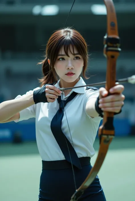 Sexy beautiful Japanese woman, a self defense officer uniform, wearing a white short-sleeved shirts, navy blue tie, navy blue pencil skirt, Black patent high heels, beautiful hip-line, Beautiful thighs, wearing Black archery gloves on her right hand, Her p...