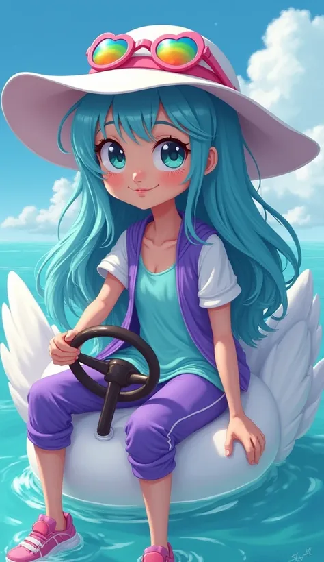 girl with long sky blue waterfall hair wearing big white sun hat with heart shaped rainbow sunglasses on the hat white purple short sleeved jacket aquamarine dress-like tank top purple sweat pants and pink sport shoes driving swan car