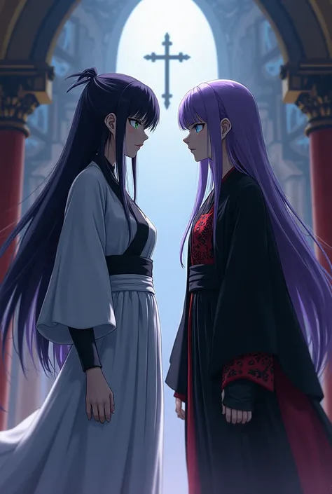 Nemu Kurotsuchi, with her long dark purple hair and dark green eyes, wears her Shinigami uniform, with her white hakama and her black haori with the emblem of the 12th Division. He is standing next to Bambietta Basterbine, the Quincy with long, dark purple...