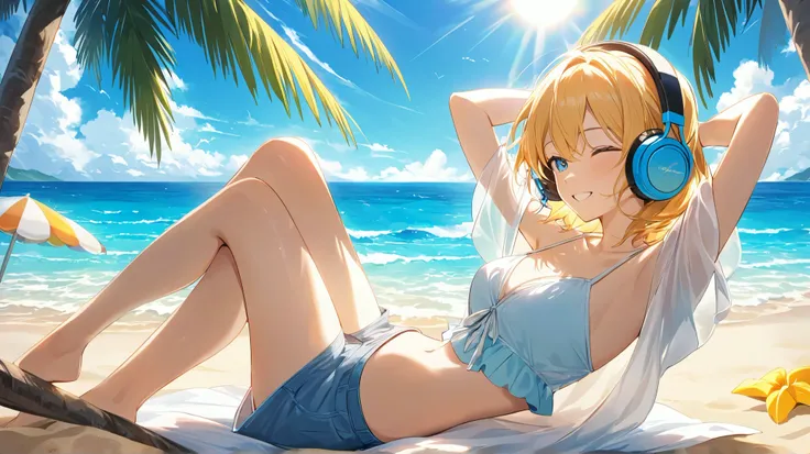 A young person relaxing on a tropical beach, wearing stylish headphones and enjoying music. The ocean waves gently touch the golden sand, and the bright sun shines in the clear blue sky. Palm trees sway in the breeze, creating a peaceful yet energetic summ...