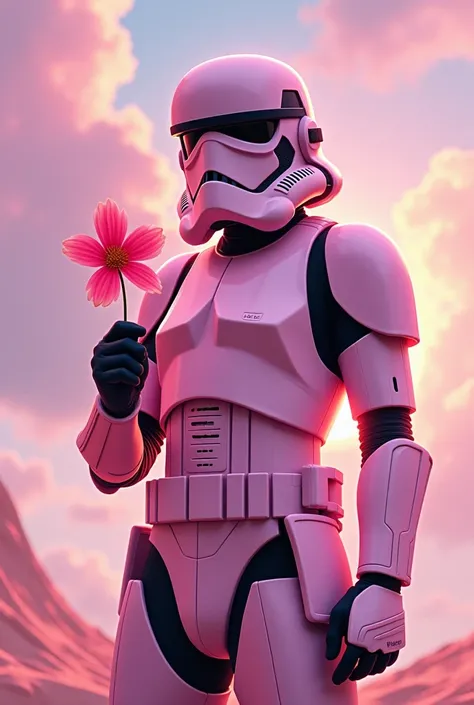 Pink image of a Star Wars soldier with a flower