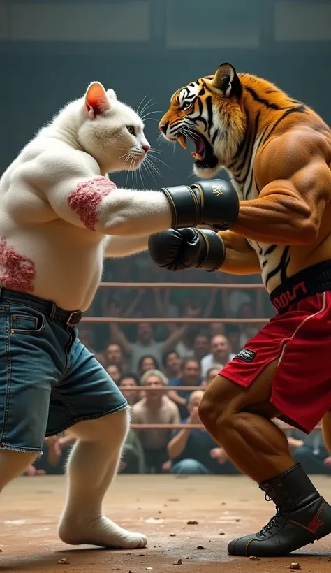 The scene shows an injured, muscular white cat, wearing blue jeans shorts, delivering a powerful punch to a muscular tiger in red shorts and black gloves. The tiger, slightly staggered from the hit, has a surprised look on its face, with its mouth taking t...