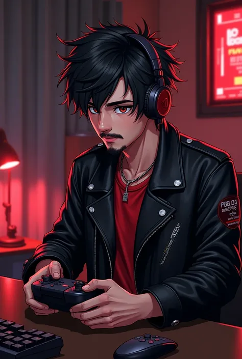 Make a realistic anime-style drawing,  make a scenario of a room that has video game decoration,  in the drawing the bedroom is black with red details,  put on a teenage character wearing black leather clothes,  the character has a black leather jacket,  s...