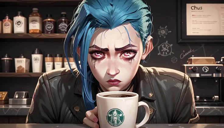 Arcane style , snucleus_9,snucleus_8_ upwards,nucleus_7_ upwards, Jinx,  Close-up face sitting in a coffee shop, darkness,  dark room, 1girls  ,  purple-pink eyes ,  blue hair ,  very sexy, long loose hair,  hair flowing , hair around the face,  Sad face ,...