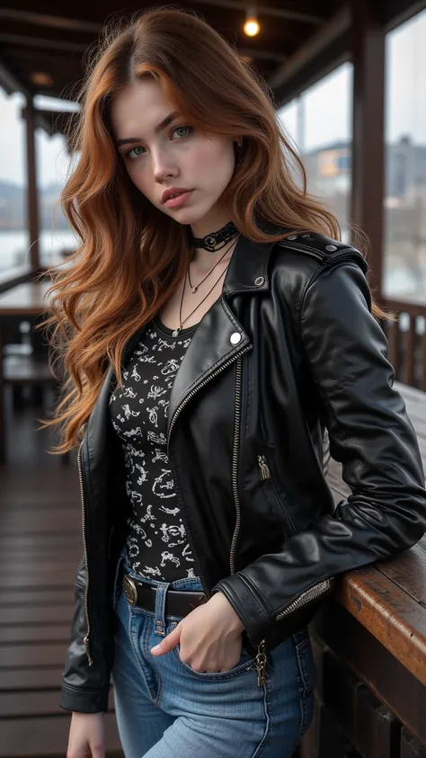  90's Retro Style ， European and American Girl's Face Skin Smooth Delicate，long hair，low ponytail，Brown-red hair ， wearing a leather jacket ， Skull Vest ，jeans，photography，panoramic， full body shot ， Vintage Cafe 