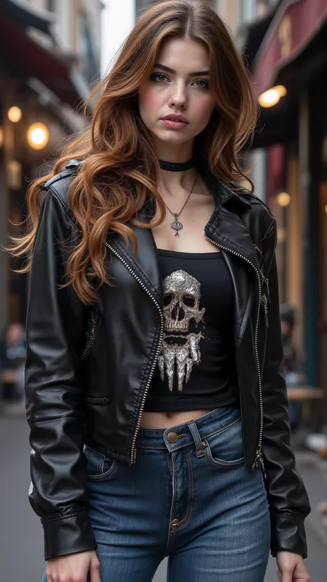  90's Retro Style ， European and American Girl's Face Skin Smooth Delicate，long hair，low ponytail，Brown-red hair ， wearing a leather jacket ， Skull Vest ，jeans，photography，panoramic， full body shot ， Vintage Cafe 