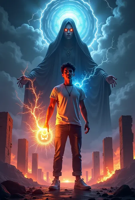 A high-end Bollywood fantasy horror movie poster for "तंत्र Matrix (Tantra Matrix)". A young male protagonist, Jeevan Ghosh, in his early 20s, wearing modern casual clothing, stands in the foreground holding a glowing Trisul, crackling with fiery orange an...