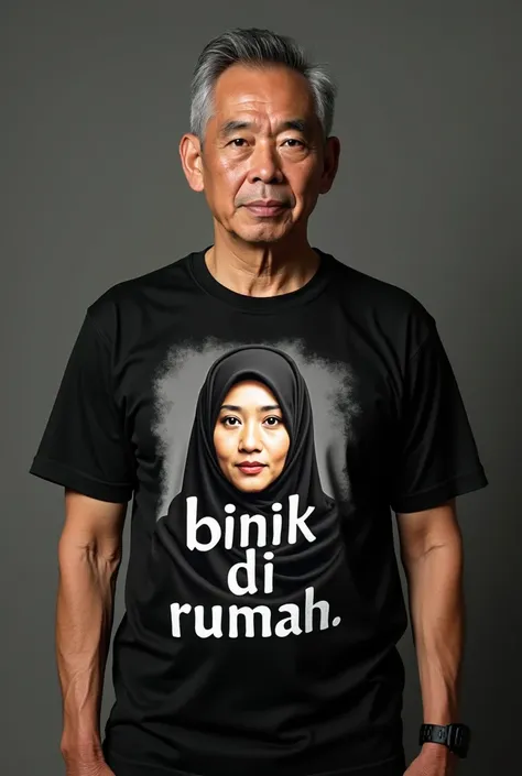 A 40 YEAR OLD INDONESIAN MAN WAS WEARING A BLACK T-SHIRT WITH A PICTURE OF A WOMAN'S FACE IN A HIJAB, WITH THE WRITING "BINIK DI RUMAH".