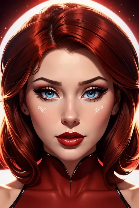 A beautiful woman whose facial features are a combo of Shay Laren + Renee Olstead. The woman has lovely makeup on her face. The woman wears red lipstick. Symmetrical eyes. Symmetrical face. Great details. Full-colored. Highly detailed 8K.