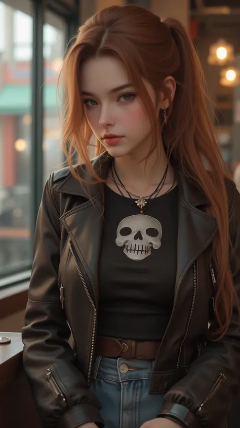 90's retro style ， European and American girl's face skin smooth and delicate，long hair，low ponytail，Brown-red hair ， wearing a leather jacket ， Skull Vest ，jeans，photography，panoramic， full body shot ， Vintage Cafe 