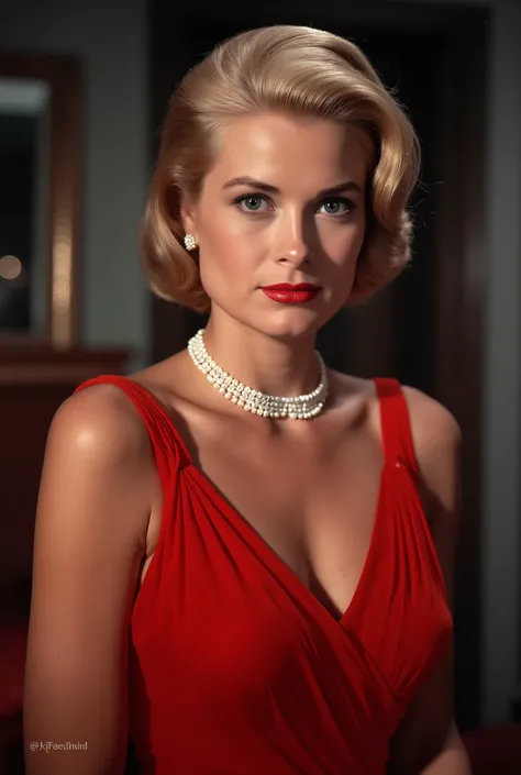 Portrait, front view,  watches viewers,   Grace Kelly,  (blonde hair , pearl earrings and neckless) , red evening dress,  in home,   night（super detailed, High Details , High Quality , Accurate, anatomically correct , textured skin, beautiful fingers super...