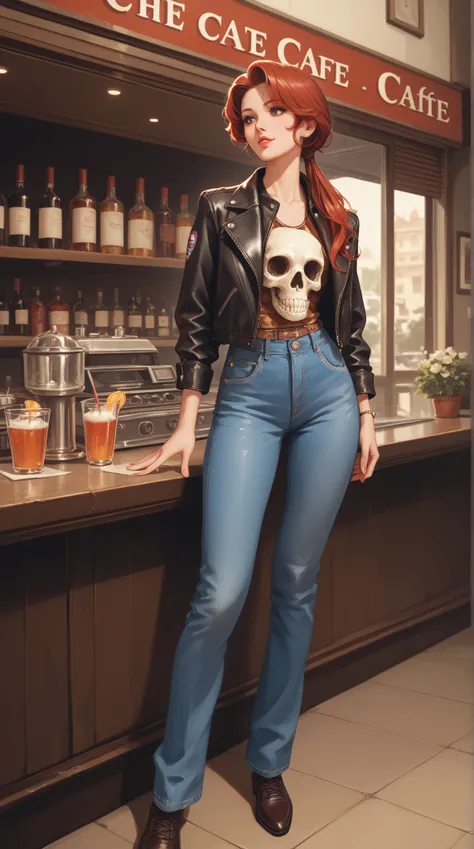  90's Retro Style ， European and American Girl's Face Skin Smooth Delicate，long hair，low ponytail，Brown-red hair ， wearing a leather jacket ， Skull Vest ，jeans，photography，panoramic， full body shot ， Vintage Cafe 