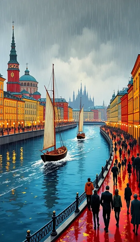 create a pop-art painting on the Neva River embankment and sailing ships in the rainy city of St.. Petersburg in autumn  