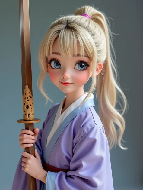 Asian female. With blonde hair, pony tail with bangs. bight blue eyes. Asian clothes,in soft violet, baby blue, and white. Holding a carved wooden ninja sword. Looking at viewer, Smile, Anatomically Correct, Cinematic, Hyperrealism, 