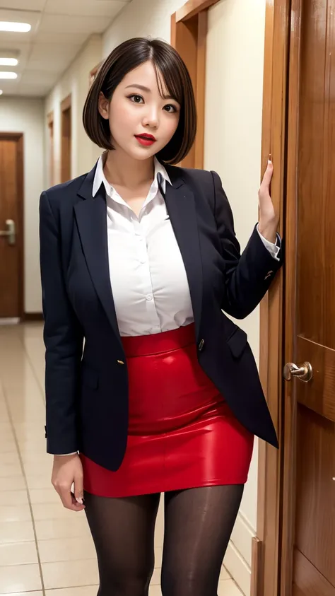 Close up shot of a female teacher with super huge breasts and beautiful legs standing near an open door in the school hallway suit jacket blouse miniskirt pantyhose red lipstick short hair 