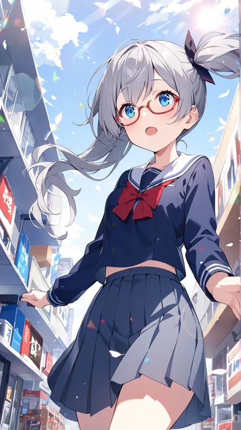 Date、 in front of the store、 1 girl,  blue eyes、Grey Hair、Red-rimmed glasses、 side ponytail 、How hair flutters in the wind、 school uniform 、Looking up、 wide angle shot、 widescreen、 background blur,  lens flare, 