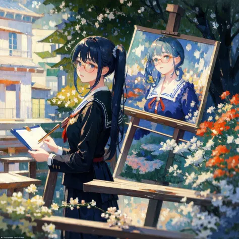 (( Masterpiece:1.2,   best quality)), 1 girl,  alone,  (Glasses),   ultramarine blue hair, side ponytail hairstyle, blue eyes, art nouveau style, Thai university student uniform, ( Impressionism :1.4)