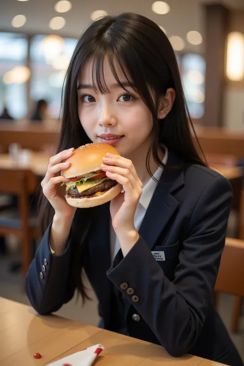 "A highly realistic image of a Japanese schoolgirl eating a burger in a restaurant after school. She sits at a table wearing her neatly ironed uniform of a blazer and pleated skirt. Her long black hair is styled naturally with a few loose strands framing h...