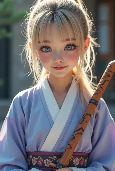 Asian female. With blonde hair, pony tail with bangs. bight blue eyes. Asian clothes,in soft violet, baby blue, and white. Holding a carved wooden ninja sword. Looking at viewer, Smile, Anatomically Correct, Cinematic, Hyperrealism, 