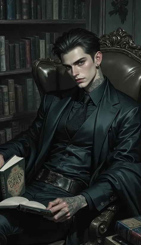 A dark, semi-realistic watercolor illustration of Christian Roux, 34, sitting in a leather armchair in his bookstore, exuding dominance. His posture is assertive, legs slightly apart, one hand gripping The Picture of Dorian Gray, the other resting on the a...