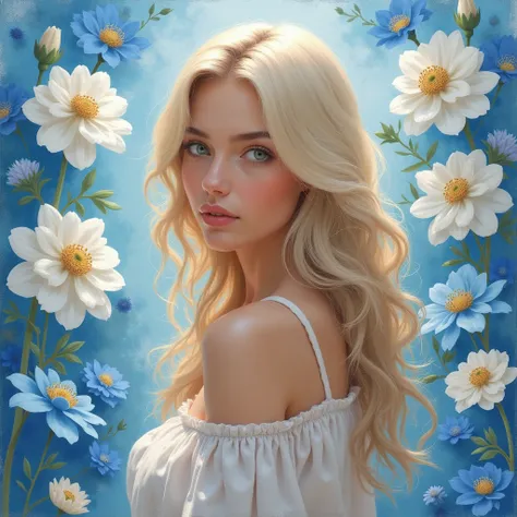 Masterpiece,Blonde beautiful women,white and blue  flowers background