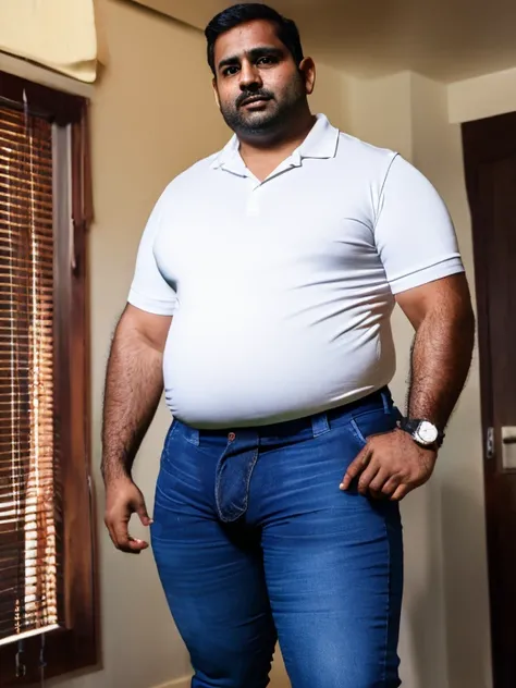 insecure plump Latino Indian dad, in his 30s, 5 oclock shadow, golf shirt, tight jeans, soft round belly, thick lovehandles, big thighs, overweight, embarrassed, handsome, large heavy penis in pants, large genital bulge in mancave