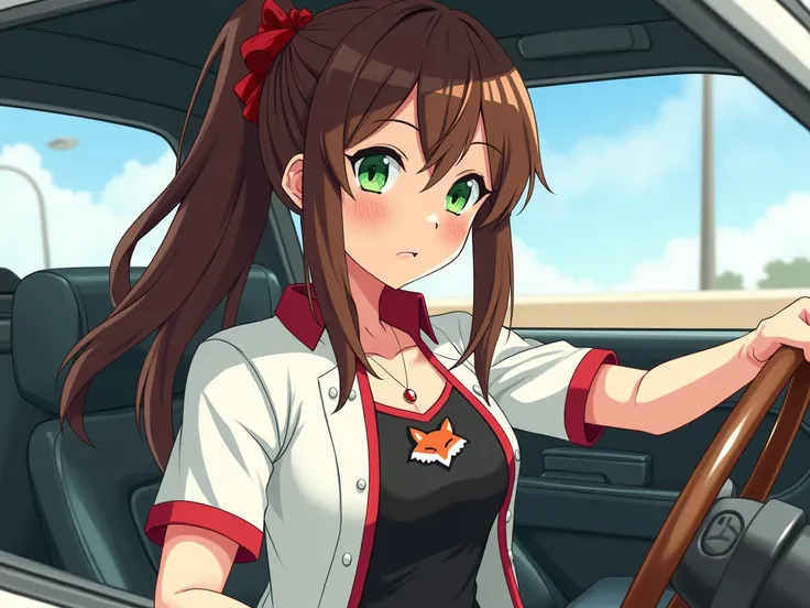 anime busty tomboy mother with ruby on forehead long brown  hanging ponytail hair green eyes long white coat with short sleeves red trim black tank top with red trim and fox emblem underneath long brown hair with red and yellow highlights on the left of he...