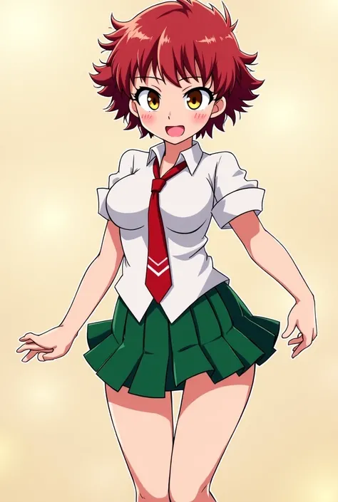  mina ashido,  Boku no Hero Academia, ( the best quality :1.4), Body focus, ( pretty face), ((( the best quality ))),  illustration Beautiful body , 1.2, (covenants_ochako  Boku no Hero Academia, , tie,  short pleated green miniskirt, Hero clothing , in a ...